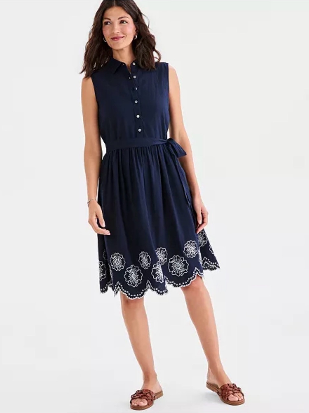 Style & Co Blue Linen Blend Sleeveless Embroidered Half Button Shirt-dress SZ M